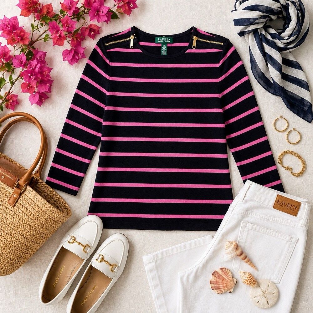 Lauren Ralph Lauren Pink Black Stripe Top Gold Zip Shoulder Tee L